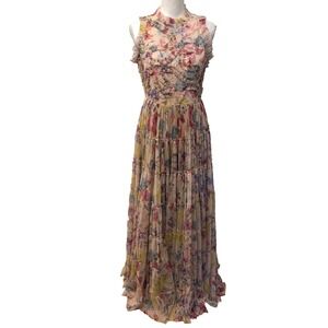 Letmebe Jenny Dress Womens Medium Sand Beige Floral Tiered Ruffle Coquette Party